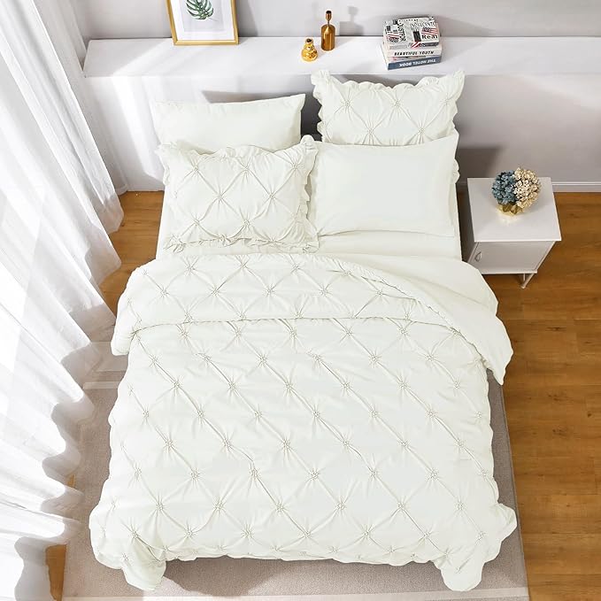 JOLLYVOGUE Ivory Full Size Comforter Sets 7 Pieces, Pintuck Bed in a Bag Comforter Set for Bedroom, Bedding Comforter Sets with Comforter, Sheets, Ruffled Shams & Pillowcases