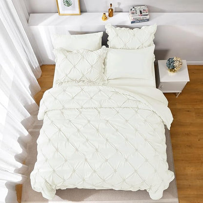 JOLLYVOGUE Ivory Full Size Comforter Sets 7 Pieces, Pintuck Bed in a Bag Comforter Set for Bedroom, Bedding Comforter Sets with Comforter, Sheets, Ruffled Shams & Pillowcases