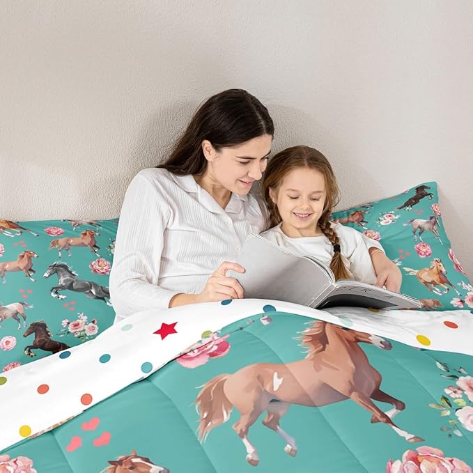 Horse Comforter Set Twin Size Farm Western Cowboy Cowgirls Bedding Set for Kids Boys Girls Teens Rose Floral Quilt Set Cute Lover Heart Decor Kawaii Horse Down Comforter with 1 Pillowcase Warm