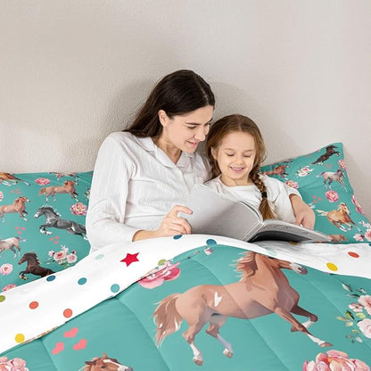 Horse Comforter Set Twin Size Farm Western Cowboy Cowgirls Bedding Set for Kids Boys Girls Teens Rose Floral Quilt Set Cute Lover Heart Decor Kawaii Horse Down Comforter with 1 Pillowcase Warm