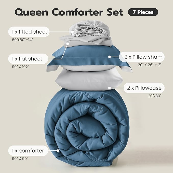 Joiedomi Queen Comforter Set with Sheets Blue, 7 Pieces Queen Bed Set with 1 Down Alternative Comforter, 1 Flat Sheet, 1 Fitted Sheet, 2 Pillowcases and 2 Pillow Shams, Bed in a Bag for All Seasons