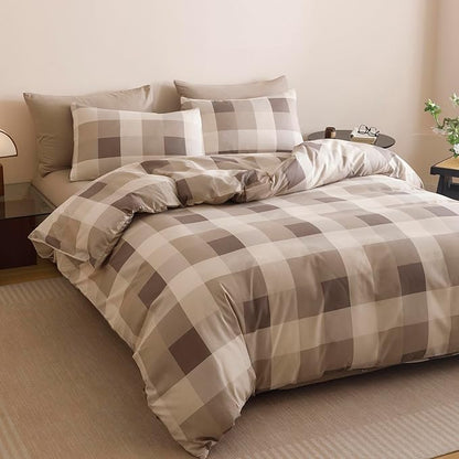 CLOTHKNOW Khaki Grey Gingham Plaid Queen Comforter Set Buffalo Check Bedding Comforter Sets Geometric Comforter Queen with 2 x Pillow Cases