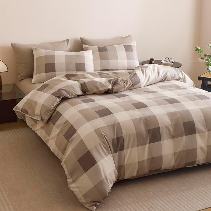 CLOTHKNOW Khaki Plaid Full Size Comforter Sets Gingham Tartan Bedding Comforter Sets Geometric Comforter with 2 x Pillow Cases