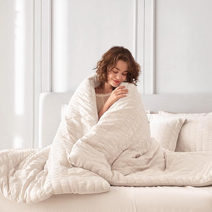 MUXHOMO 7 Pieces Queen Comforter Set, Seersucker Bed in a Bag Queen Size, All Season Luxury Bedding Set with Comforter, Flat Sheet, Fitted Sheet, Pillowcases & Shams, Beige
