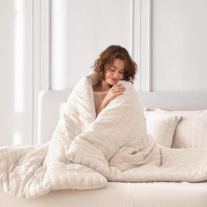 MUXHOMO 7 Pieces Full Comforter Set, Seersucker Bed in a Bag Full Size, All Season Luxury Bedding Set with Comforter, Flat Sheet, Fitted Sheet, Pillowcases & Shams, Beige