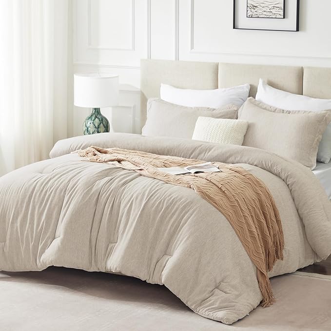 CozyLux Oversized King Comforter Set, 3 Pieces 120x98 Beige Soft Luxury Cationic Dyeing Bedding All Season, Lightweight Breathable Fluffy Bed Sets with 1 Alternative Comforter and 2 Pillow Shams