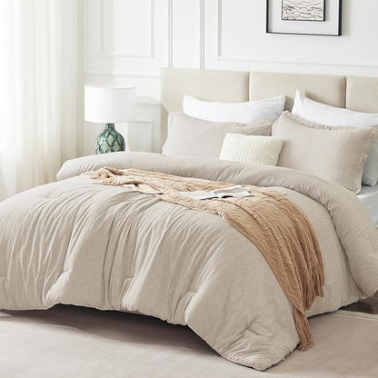 CozyLux Oversized King Comforter Set, 3 Pieces 120x98 Beige Soft Luxury Cationic Dyeing Bedding All Season, Lightweight Breathable Fluffy Bed Sets with 1 Alternative Comforter and 2 Pillow Shams