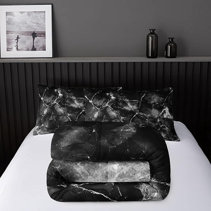 Black and White Comforter Set King Size，Black and White Marble Bedding Set 3 Pcs Bedding for Adults, Marble Room Decor with Comforter and 2 Pillowcases Soft and Lightweight