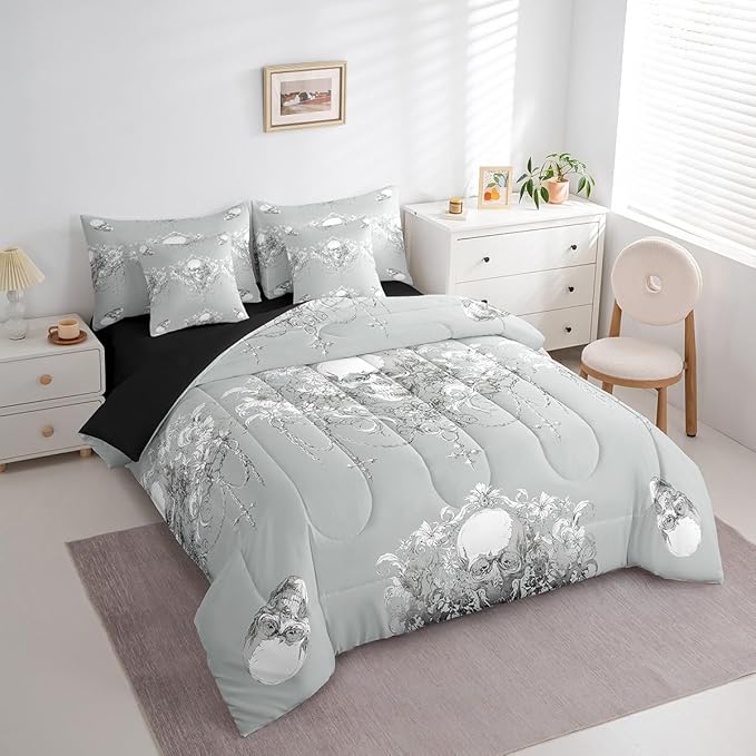 Erosebridal Gothic Bed in a Bag Queen Comforter Set 7 Piece,Goth Sugar Skull Grey White Damask Bedding Set,Bohemian Vintage Floral Comforter and Sheet Set,Exotic Antique Victorian Baroque Decor
