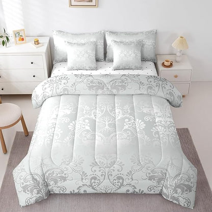 Erosebridal Gothic Damask Bed in a Bag King Size Comforter Set 7 Pieces,Sun Moon Tree of Life Bedding Sets Silver White Victorian Floral Goth Sheet Set with Comforter