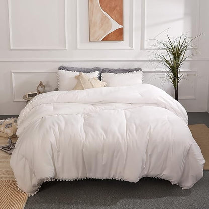 YIRDDEO Full Size Comforter Sets - Full Size Comforter with Ball Pom Fringe, Soft Bedding Set for All Seasons - 3 Pieces, 1 Comforter (79"x90") & 2 Pillow Shams(20"x26"), White