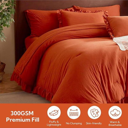 MR&HM Terracotta Comforter Set Full Size for Girls Women 7 Pieces, Shabby Chic Vintage Cottagecore Bed Sets Elegance Boho Bed in a Bag, Ultra-Soft & Fluffy Comforter for All Season