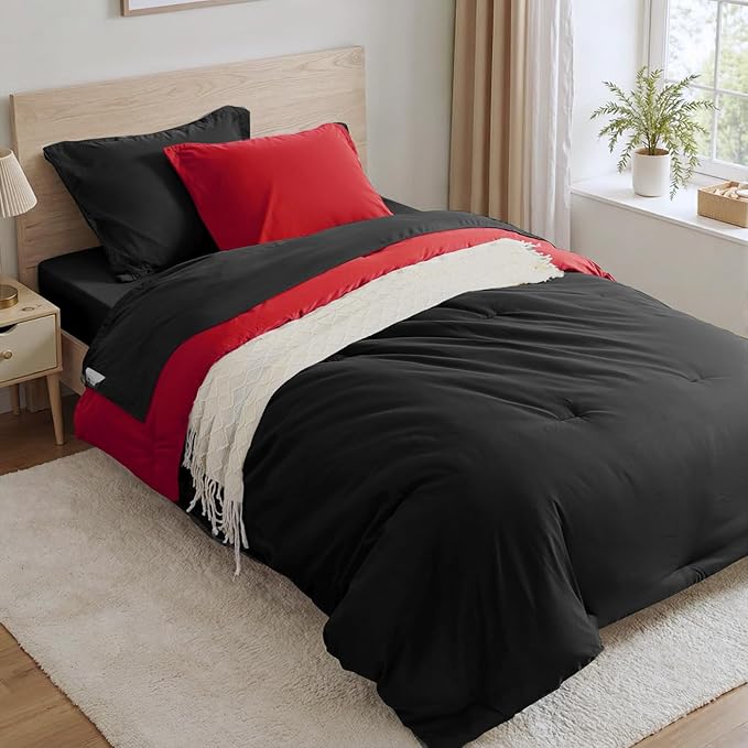 Anluoer Black and Red Twin Comforter Set 5 Pieces, Bed in a Bag with Sheets, All Season Bedding Sets with 1 Comforter, 1 Pillow Sham, 1 Pillowcase, 1 Flat Sheet, 1 Fitted Sheet