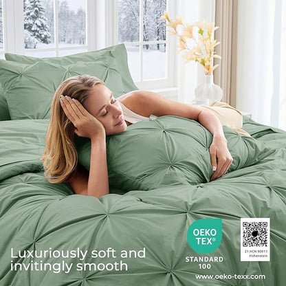 Sasttie Queen Comforter Set, 7-Piece Bed in a Bag, Pintuck Bedding Sets for All Season, Includes Comforter, Flat Sheet, Fitted Sheet, Pillowcases and Pillowshams, Sage Green