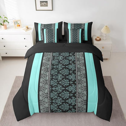 jejeloiu Adult Classic Jacquard 7 Piece Bedding Set Queen Size Damask Pattern Comforter Set with Sheets for Boys Girls Black Teal Stripe Bed in a Bag Baroque Bed Set