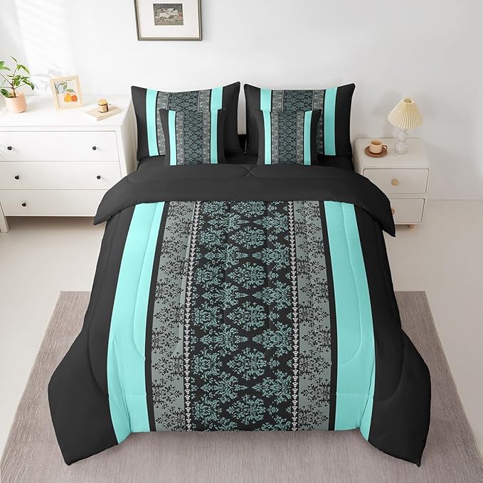 jejeloiu Adult Classic Jacquard 7 Piece Bedding Set Twin Size Damask Pattern Comforter Set with Sheets for Boys Girls Black Teal Stripe Bed in a Bag Baroque Bed Set