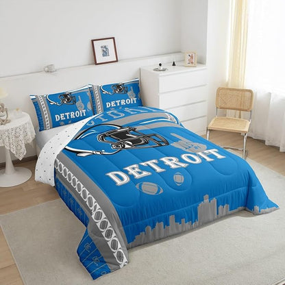 Feelyou Football Bedding Set Boys Girls Queen Size Women Men Rugby Sports Comforter Football City Duvet Quilt Gray Blue Room Decor