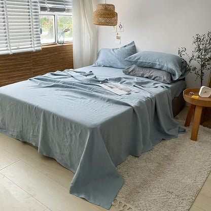 Simple&Opulence Washed Linen Bed Sheet Set Basic Style 4 Pieces (1 Flat Sheet & 1 Fitted Sheet & 2 Pillowcases) 100% Natural French Flax Soft Breathable Farmhouse Bedding (Queen, Duaty Blue)