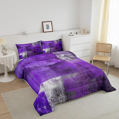 Oil Painting Comforter Set for Kids Boys Girls,Purple Grey Bedding Set,Watercolor Ombre Bedding Comforter Sets,Contemporary Abstract Artwork Duvet Insert with 2 Pillowcases Bedroom Decor,Full