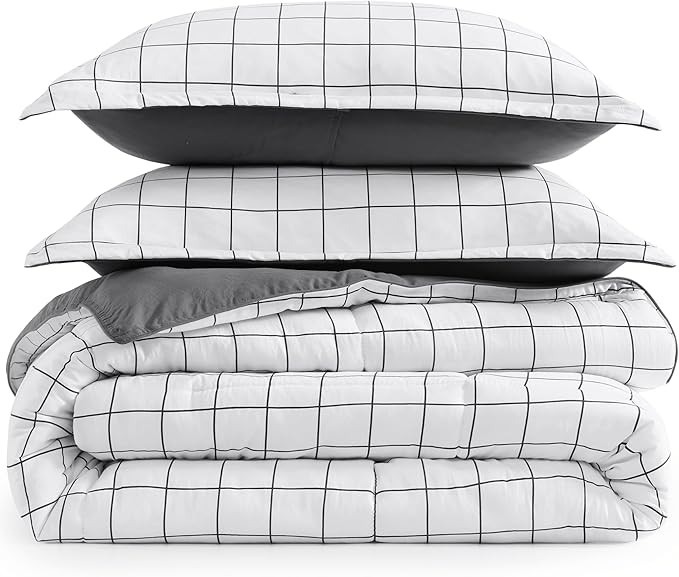 Casa Platino Queen Comforter Set - Pre-Washed Duvet Insert & 2 Pillow Shams - Brushed Microfiber Windowpane