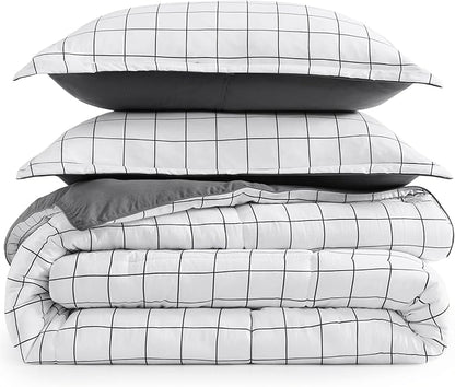 Casa Platino Queen Comforter Set - Pre-Washed Duvet Insert & 2 Pillow Shams - Brushed Microfiber Windowpane