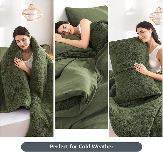 COTTEBED Warm Ultra-Soft Sherpa Bedding Comforters Sets Queen Size Double Bed, Light Weight Fluffy Cotton Fleece Down Alternative Reversible Comfort PillowSham Fall Winter(Olive Green,Full/Queen)