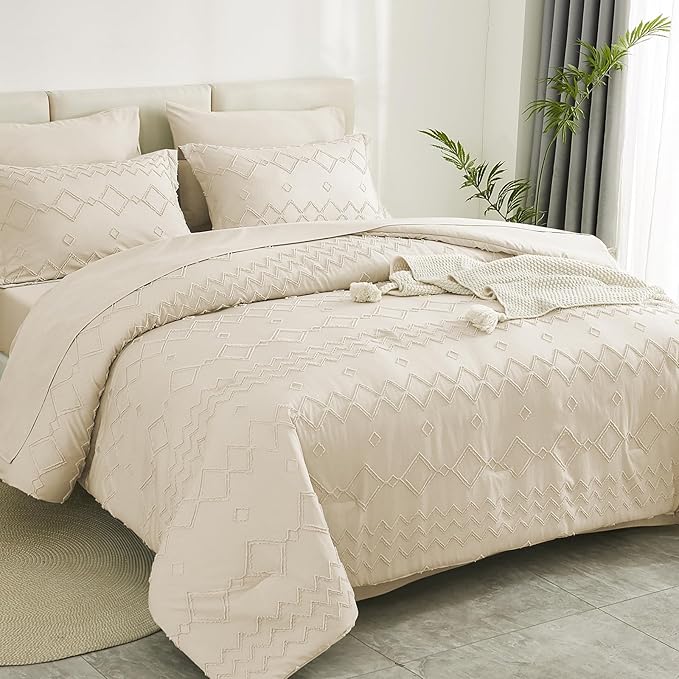 EMME Twin Comforter Set - 5 Pcs Beige Boho Bedding Sets, Tufted Comforter with Sheets, Shabby Chic Embroidery Twin Bed Set Fluffy Bed Bag for All Season(68"X90")