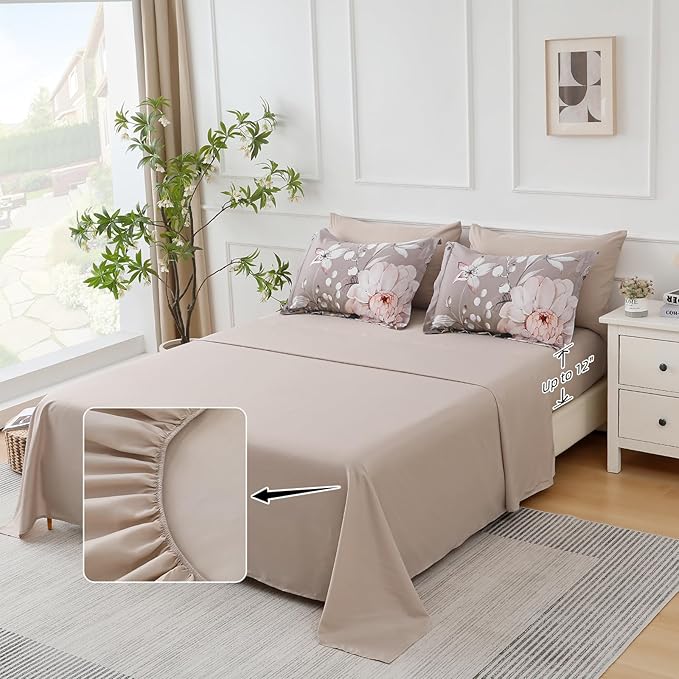 Drucon Queen Comforter Set - 7 Pieces Floral Brown Soft Bedding Sets, Queen Bed in a Bag with Botanical Flowers Comforter, Sheets, Pillowcases & Shams