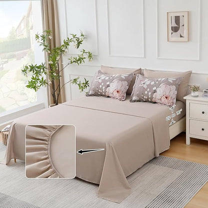 Drucon Queen Comforter Set - 7 Pieces Floral Brown Soft Bedding Sets, Queen Bed in a Bag with Botanical Flowers Comforter, Sheets, Pillowcases & Shams
