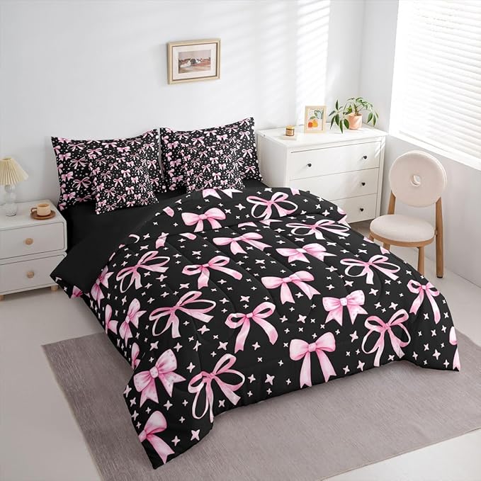 Erosebridal Bowknot Girls Pink Black Kawaii Y2K Full Comforter Set 7 Pieces | Princess Bed in A Bag for Bedroom Princess Bedding Set with Comforters Cute Bow Room Decor