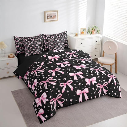 Erosebridal Bowknot Girls Pink Black Kawaii Y2K 7 Piece Bedding Set Twin | Princess Comforter Set with Sheets Princess Bed in A Bag Cute Bow Bed Sets