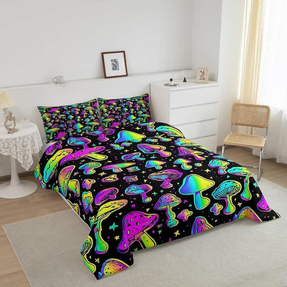 Mushroom Comforter Set King Cute Mushroom Comforter for Kids Girls Boys Cartoon Tie Dye Bedding Sets Teal Purple Neon Ombre Down Comforter Wild Colorful Botanical Quilt Set