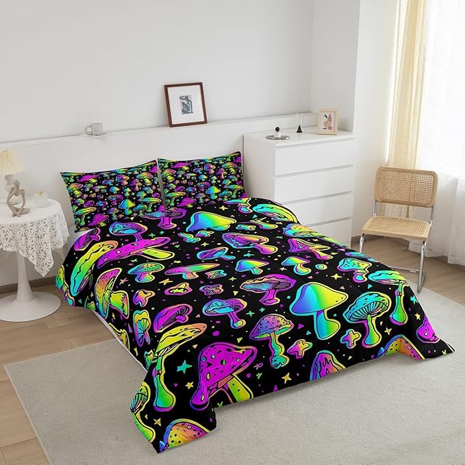 Erosebridal Mushroom Comforter Set Queen Cute Mushroom Comforter for Kids Girls Boys Cartoon Tie Dye Bedding Sets Teal Purple Neon Ombre Down Comforter Wild Colorful Botanical Quilt Set