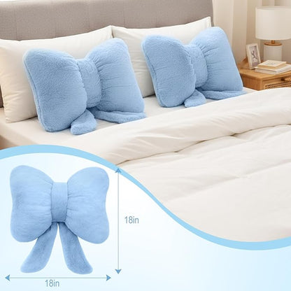 2 Pcs Blue Bow Pillow Faux Fur Blue Throw Pillows Soft Furry Coquette Decorative Cushion Cute Plush Bow Decor for Xmas Girls Home Room Bed Sofa Couch Car Gifts, 12 * 16 Inch