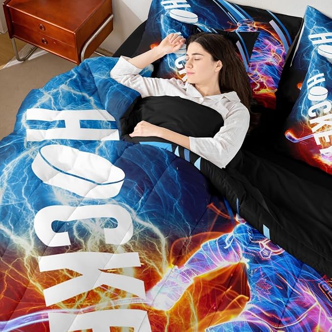 Erosebridal Ice Hockey 7 Piece Comforter Set Queen,Puck Hockey Player Bedding Sets for Kids Boys Girls Teens,Red Blue Lightening Fitted Sheet,Winter Sports Game Flat Fitted Sheet Bedroom Decor