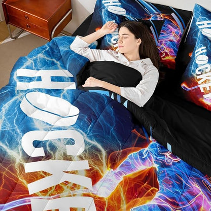 Erosebridal Ice Hockey 7 Piece Comforter Set King,Puck Hockey Player Bedding Sets for Kids Boys Girls Teens,Red Blue Lightening Fitted Sheet,Winter Sports Game Flat Fitted Sheet Bedroom Decor