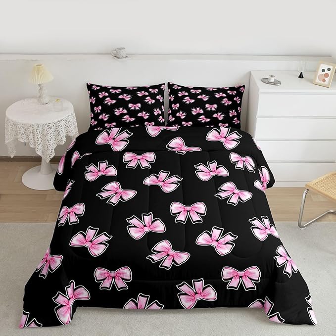 Erosebridal Coquette Bow Bedding Set King for Girls Pink Bowknot Comforter Set for Kids Teen Girls Women Bedroom Black Pink Comforter Princess Trendy Aesthetic Bows Quilt Duvet