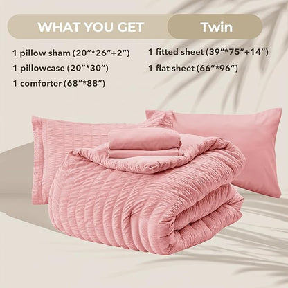 HYMOKEGE Rose Pink Twin Comforter Set Seersucker 5 Pieces, All Season Luxury Bed in a Bag for Bedroom, Bedding Set with Comforter, Sheets, Pillowcase & Sham
