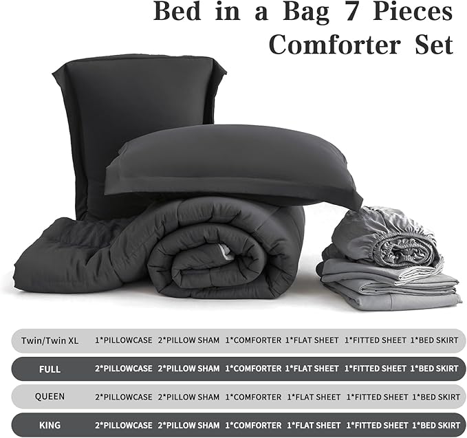 Twin XL Comforter Set - 7-Piece Black All-Season Bedding with Ultra Soft Reversible Lightweight Comforter, Bed Skirt, Flat Sheets, Pillowcases & Pillow Shams