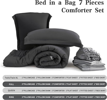 Twin XL Comforter Set - 7-Piece Black All-Season Bedding with Ultra Soft Reversible Lightweight Comforter, Bed Skirt, Flat Sheets, Pillowcases & Pillow Shams