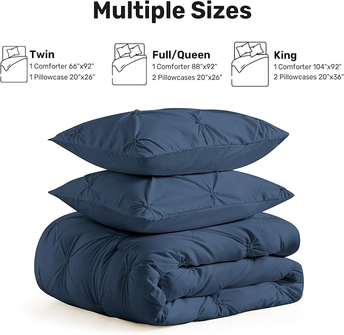UNIKOME Queen Comforter Set Navy/Royal Blue - Ultra Soft Boho Pintuck Down Alternative Bedding Set for All Seasons, 3 Pieces Lightweight Warm Pinch Pleat Bed Set with Comforter, 2 Pillowcases