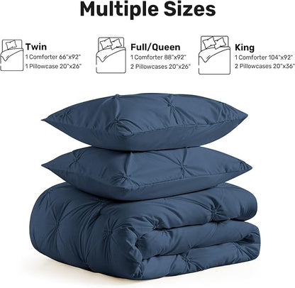 UNIKOME Queen Comforter Set Navy/Royal Blue - Ultra Soft Boho Pintuck Down Alternative Bedding Set for All Seasons, 3 Pieces Lightweight Warm Pinch Pleat Bed Set with Comforter, 2 Pillowcases