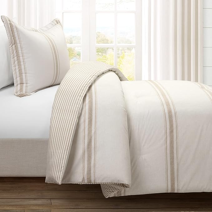 Lush Decor Farmhouse Stripe Reversible Cotton Comforter Set, 2-Piece, Twin XL Neutral - Twin Bedding Set - Dorm Decor - Striped Comforter for Farmhouse Bedroom Decor