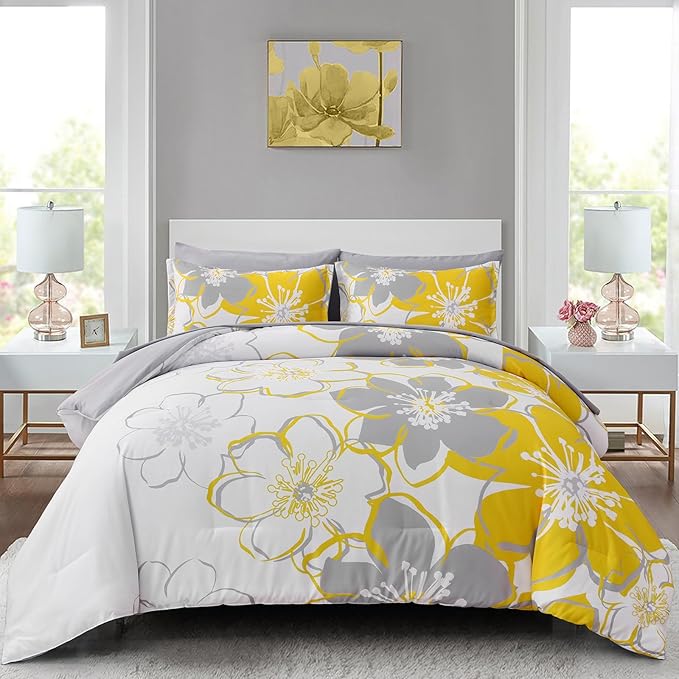 Anibedding 7 Pieces Yellow Floral Comforter Set Queen Size, Reversible Bed in a Bag with Sheets Set All Season, Soft Microfiber Flower Pattern Complete Duvet Bedding Set (Queen, 90"x90")