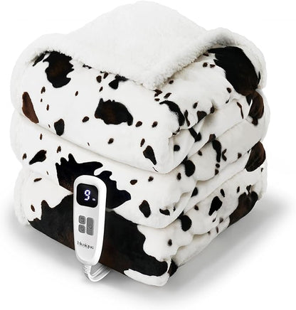 Cow Print Heated Blanket Full-Heating Electric Blanket Full with 10 Heat Levels & 10 Hours Auto-Off, Cozy Soft Fleece Sherpa, Washable, 72 x 84 Inches Cow Print White