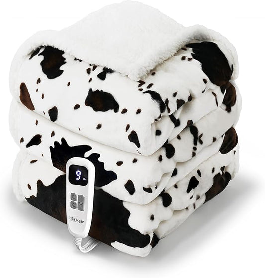 Cow Print Heated Blanket Full-Heating Electric Blanket Full with 10 Heat Levels & 10 Hours Auto-Off, Cozy Soft Fleece Sherpa, Washable, 72 x 84 Inches Cow Print White