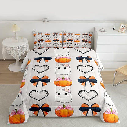 Erosebridal Fall Pumpkin Comforter Set Toddler, Halloween Ghost Bedding Set, Bow Comforter for Kid Girls Teens Women Kawaii Room Decor, Black Love Heart Quilt with 1 Pillowcase