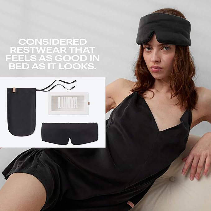 Lunya Washable Silk Sleeping Mask - Thermoregulating Mulberry Silk, Light Blocking and Comfortable Fit – Sleep Mask for Women and Men with Box - Immersed Black - Large