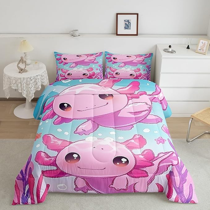 Cute Axolotl Kids Comforter Set Queen Size,Pink Kawaii Animal Ocean Sealife Reversible Bedding Set for Boys Girls,Lovely Cartoon Blue Sea Coral Luxury Bed Duvet Insert, 2 Pillowcases
