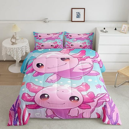 Cute Axolotl Kids Comforter Set Toddler Size,Pink Kawaii Animal Ocean Sealife Reversible Quilt Set for Boys Girls Teens,Lovely Cartoon Blue Sea Coral Duvet Insert with 1 Pillowcase